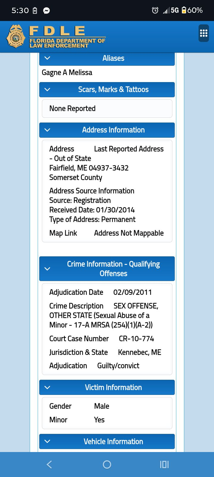 Maine Criminal Record for Melissa Gagne - Sexual Abuse of a Minor